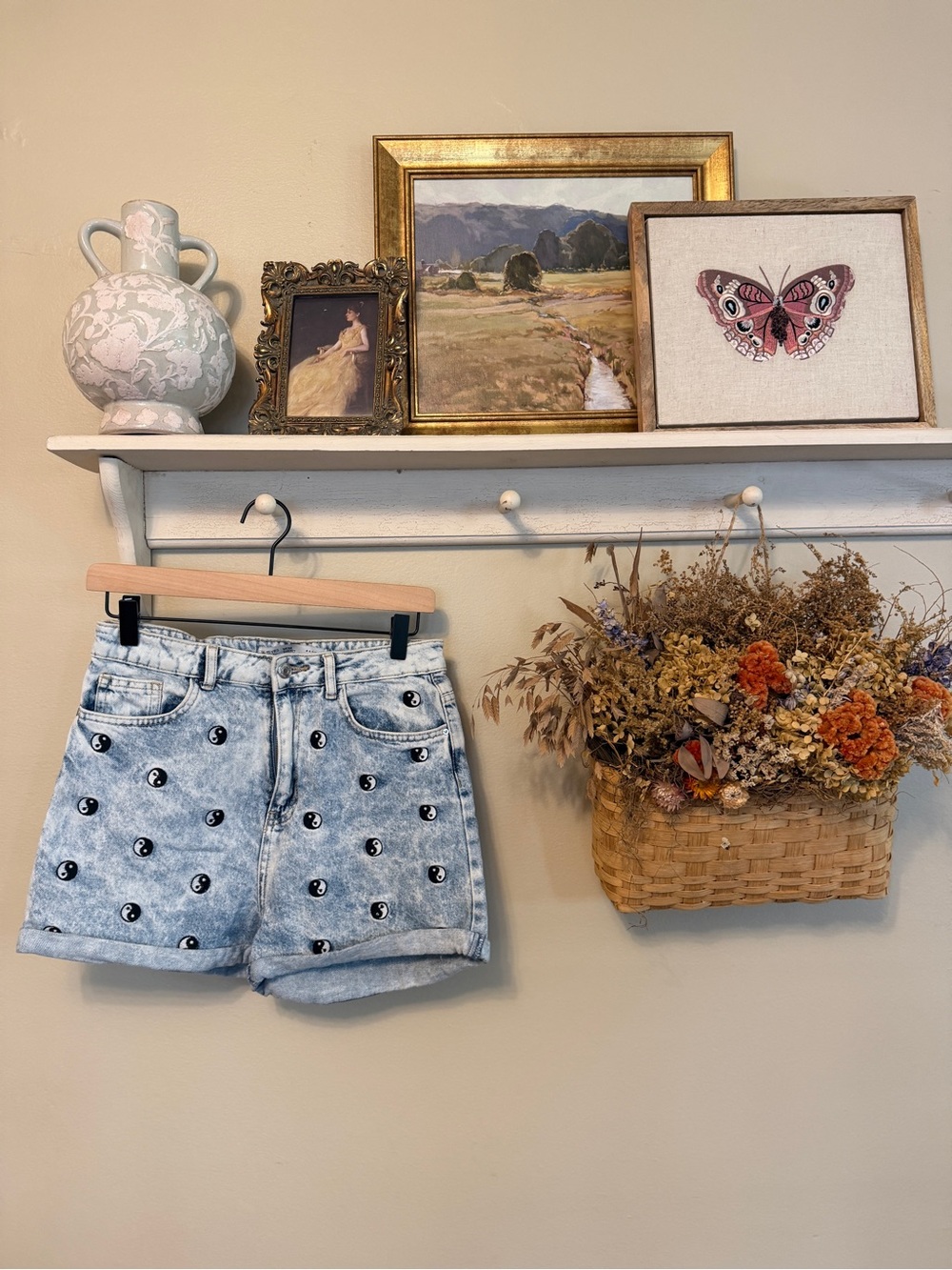 Primark Light Wash Denim Shorts with Black & White Yin Yang Embroidery